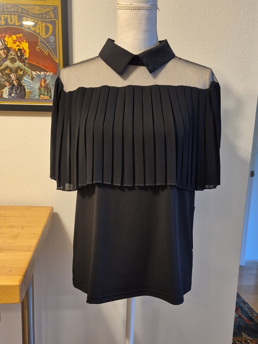 For Cynthia Black Pleaded Layer & Mesh Collar Blouse